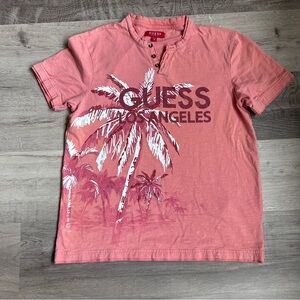 GUESS Coral Pink Palm Logo Henley Tee